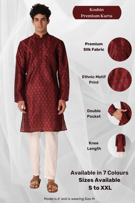 Koshin Men Printed Straight Kurta(Maroon)