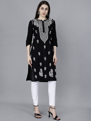 KAYRAAH Women Chikan Embroidery Ethnic Dress Kurta(Black)