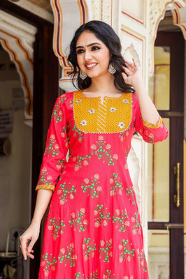 the brij fashions Women Printed Anarkali Kurta(Pink)