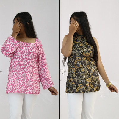 aanzri Women Printed A-line Kurta(Red, Pink)