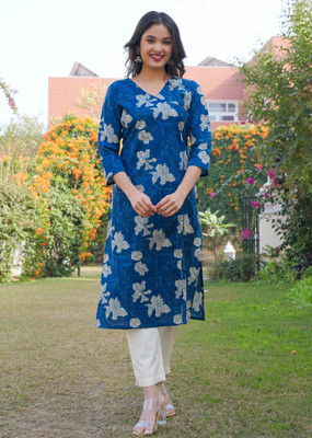 VBUYZ Women Floral Print Straight Kurta(Blue)