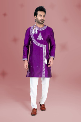 FRANSCART Men Embroidered Straight Kurta(Purple)