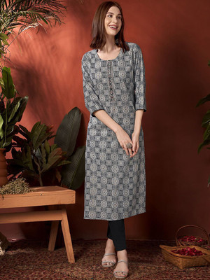 ANOUK Women Abstract Straight Kurta(Grey)