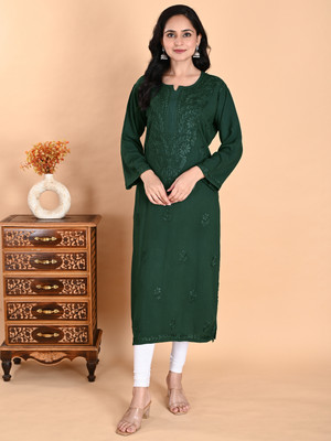 Nazaira Women Chikan Embroidery Straight Kurta(Dark Green)