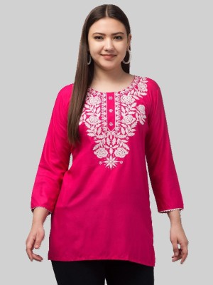 Aura Glam Women Chikan Embroidery A-line Kurta(Pink)