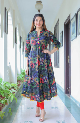 AKIKO Women Printed Anarkali Kurta(Black)