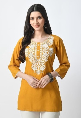 CROWNKING Women Embroidered Straight Kurta(Yellow)