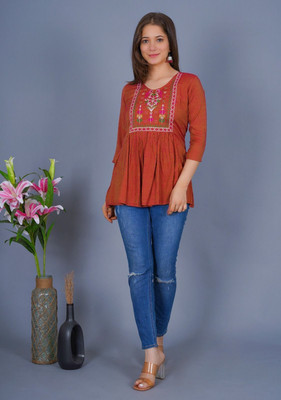 raavi fashion Women Embroidered A-line Kurta(Orange)