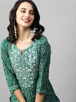 Wawlooks Women Embroidered, Printed Straight Kurta(Green)