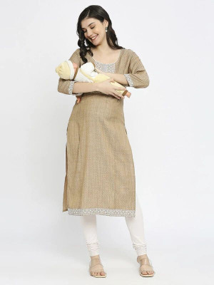 TRUE SHAPE Women Embroidered Straight Kurta(Beige)