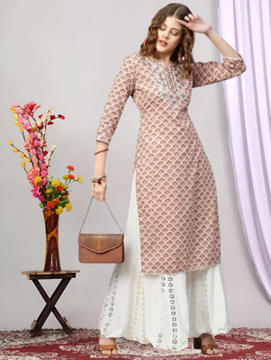Wawlooks Women Embroidered, Printed Straight Kurta(Brown, Pink)