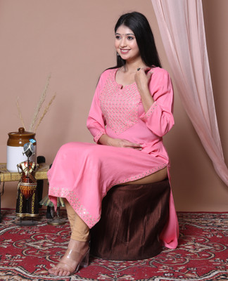 his&her Women Embroidered Straight Kurta(Pink)