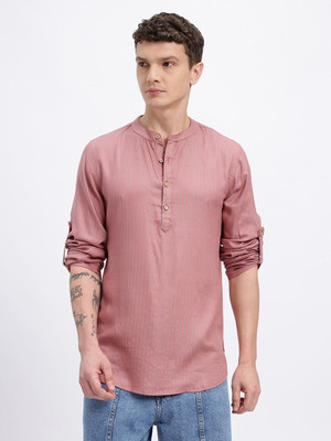 Anouk Rustic Men Striped Straight Kurta(Pink)