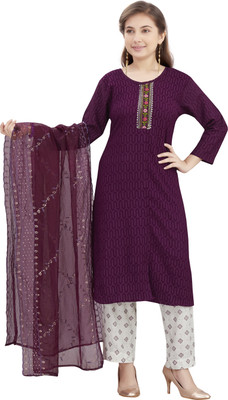 Aarika Girls Embroidered Straight Kurta(Purple)