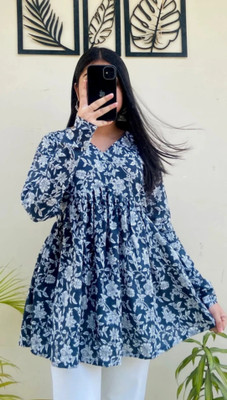 Evara Fashions Women Floral Print Anarkali Kurta(Dark Blue)