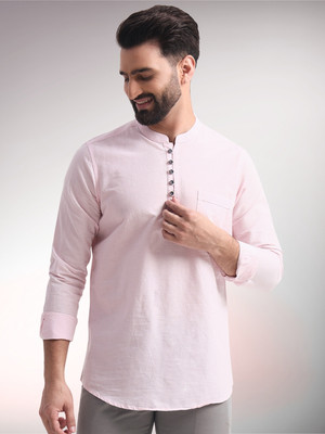 ENSPYR Men Solid Straight Kurta(Pink)