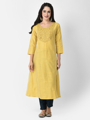 Span Women Self Design A-line Kurta(Yellow)