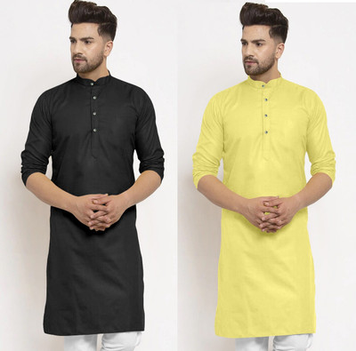 Krudha Fashion Men Solid Straight Kurta(Black, Yellow)