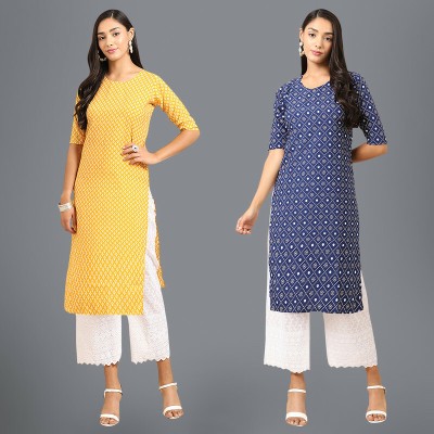 1 Stop Fashion Women Printed Straight Kurta(Blue, Yellow, White)