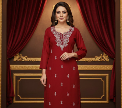 Nue mart Women Embroidered A-line Kurta(Red)