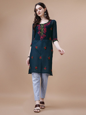 Anmi Embroidered Women Straight Kurta(Dark Blue)