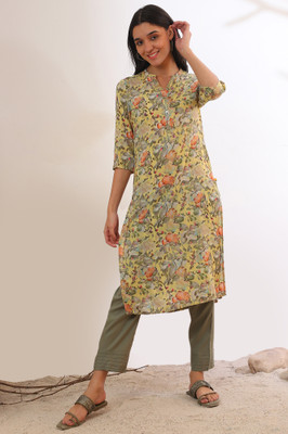 Aurelia Women Floral Print Straight Kurta(Yellow)
