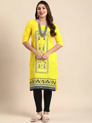 SZN Women Printed A-line Kurta(Yellow)
