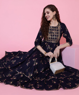 Gulmohar Jaipur Women Printed Flared Kurta(Dark Blue)