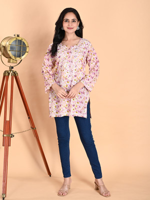 Nazaira Women Floral Print, Chikan Embroidery Straight Kurta(Multicolor)