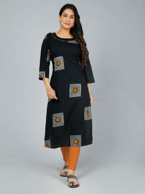 Jevi Prints Women Polka Print Straight Kurta(Black, Gold)