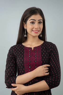 DIPANI Women Printed Anarkali Kurta(Black)