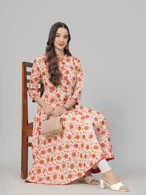 Highlight fashion export Women Floral Print Flared Kurta(Orange)