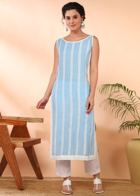 maaesa Women Striped Straight Kurta(Blue)