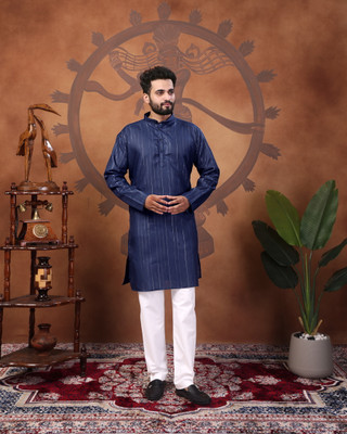 ORIFAB Men Striped Straight Kurta(Blue)