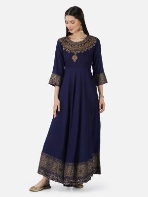 SkyAsia Women Embroidered Anarkali Kurta(Gold, Dark Blue)