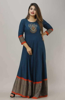 Thevkindustry Women Printed Anarkali Kurta(Dark Blue)