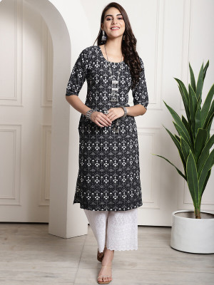 EthnicBasket Women Printed Straight Kurta(Black, White)