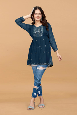 JOYDORE Women Embroidered A-line Kurta(Blue)