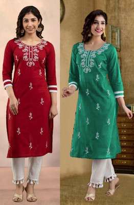 SISTO Women Chikan Embroidery Straight Kurta(Red, Green)