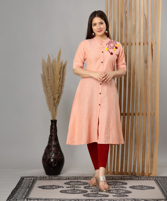 LOOMS21 Women Embroidered A-line Kurta(Orange)