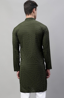 Alankrit Textiles Men Chikan Embroidery A-line Kurta(Dark Green)