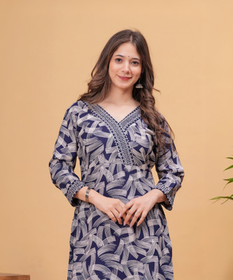 PURSHOTTAM WALA Women Printed Straight Kurta(Blue)