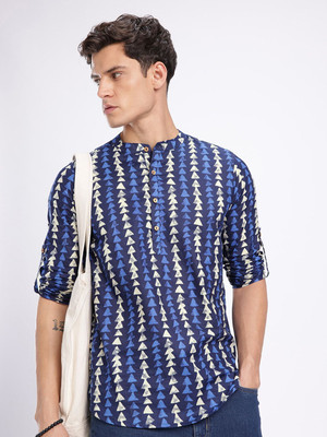 Anouk Rustic Men Geometric Print Straight Kurta(Blue)
