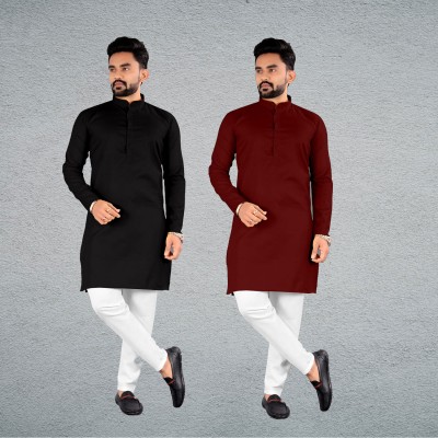 FRELURO Men Solid Straight Kurta(Black, Maroon)