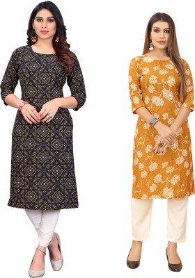 Gitanjali Trend Women Printed Straight Kurta(Yellow, White, Black)