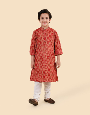Fabindia Boys Printed Straight Kurta(Red, Beige)
