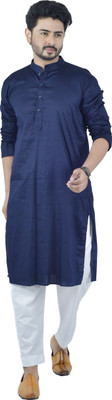 DRESSED UP DIVAS Men Solid Straight Kurta(Dark Blue)