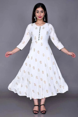 AARTI FASHION Women Printed Anarkali Kurta(White)