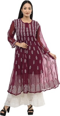 Mrs Right Women Chikan Embroidery Anarkali Kurta(Maroon)