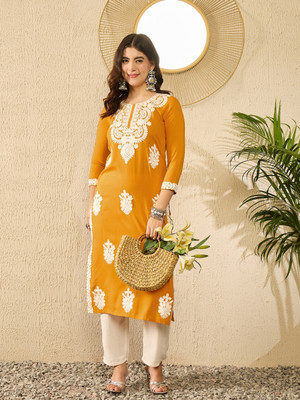 AHIKA Women Embroidered Straight Kurta(Yellow)